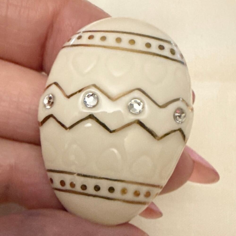 Lenox Ceramic Egg Brooch – Ivory, Gold & Rhinestones – 1.5” - Picture 2 of 8